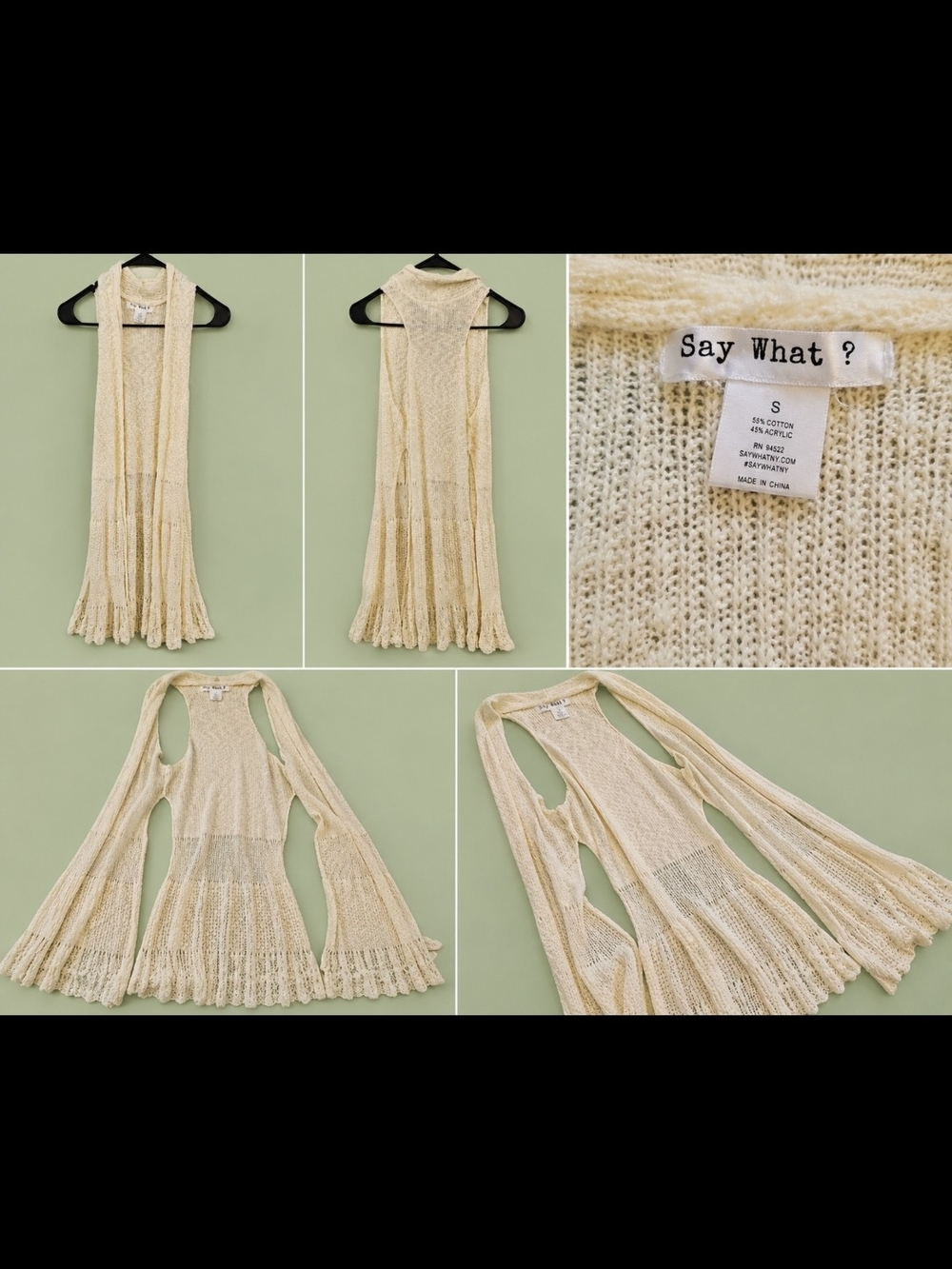 Ivory Open-Knit Ruffle Hem Sleeveless Duster
